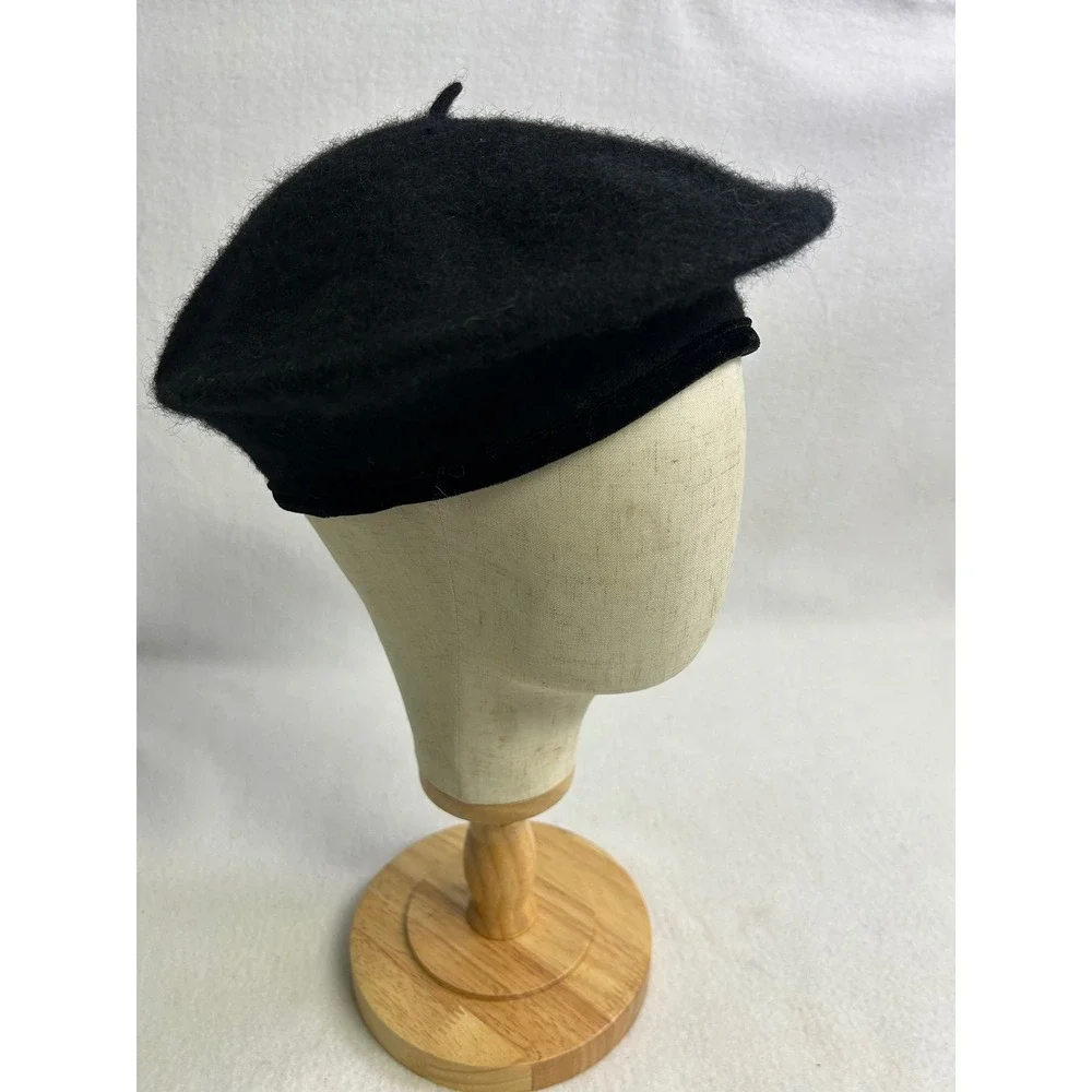 French Chic Dark Academia Target Womens OS Black Wool Blend Velvet Trim Beret